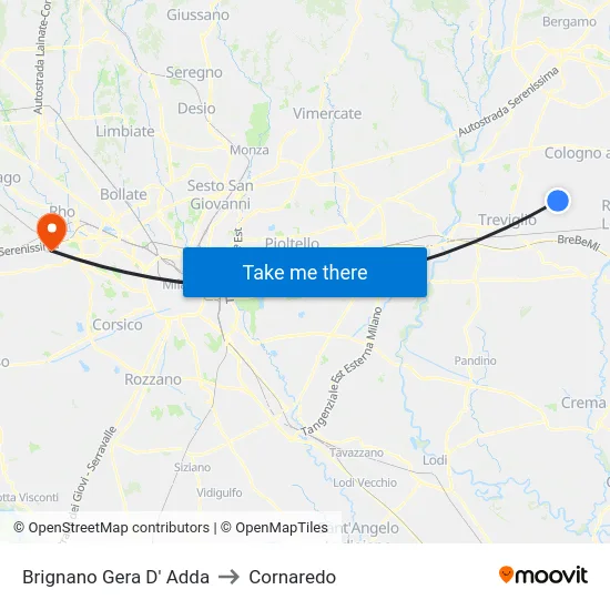 Brignano Gera D' Adda to Cornaredo map
