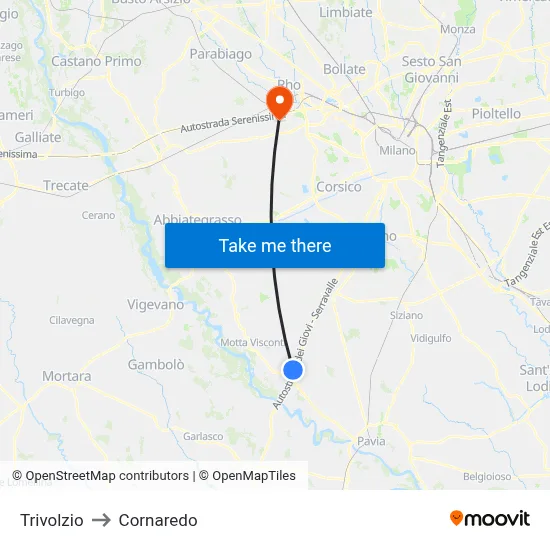 Trivolzio to Cornaredo map