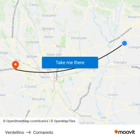 Verdellino to Cornaredo map