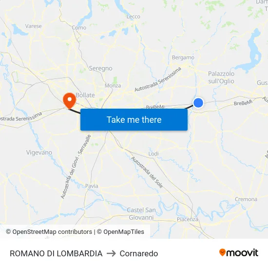 Romano di Lombardia to Cornaredo map