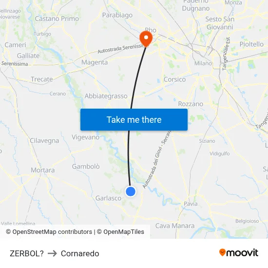 Zerbol to Cornaredo map
