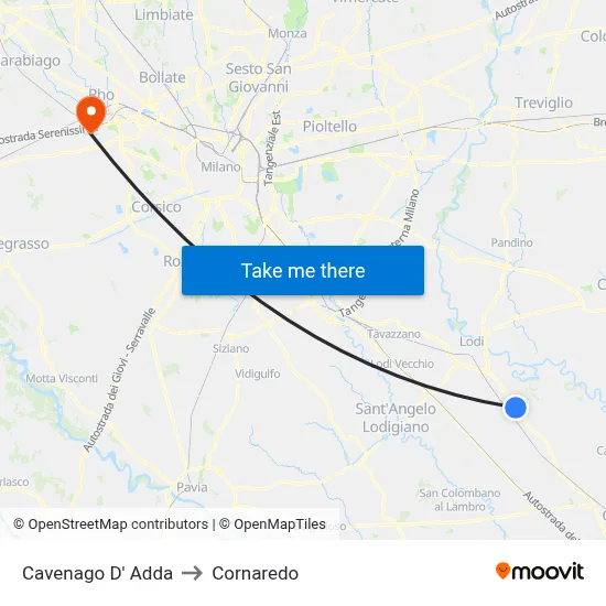 Cavenago D' Adda to Cornaredo map