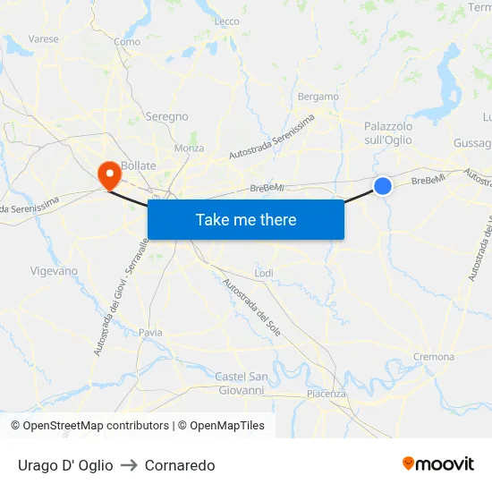 Urago D' Oglio to Cornaredo map