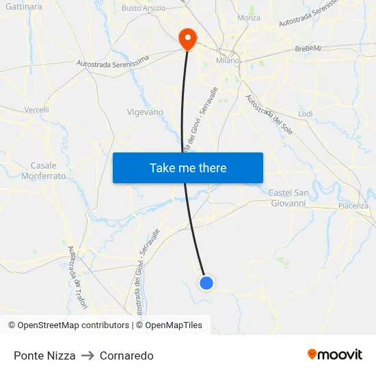 Ponte Nizza to Cornaredo map