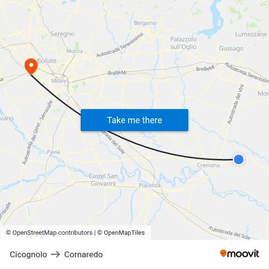 Cicognolo to Cornaredo map