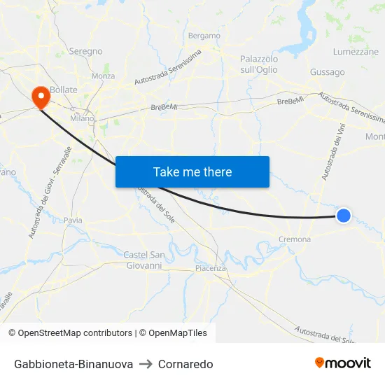 Gabbioneta-Binanuova to Cornaredo map