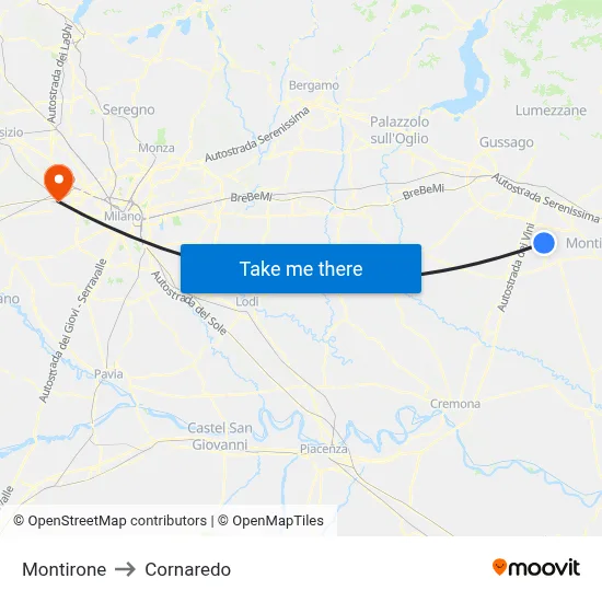 Montirone to Cornaredo map