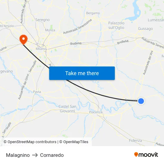 Malagnino to Cornaredo map