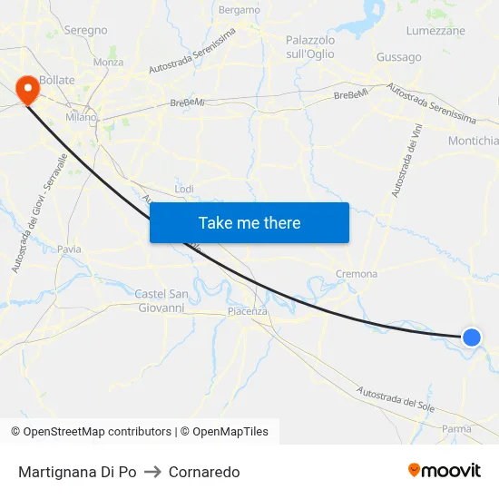 Martignana di Po to Cornaredo map