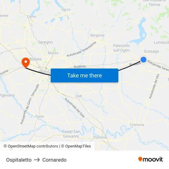 Ospitaletto to Cornaredo map