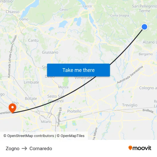 Zogno to Cornaredo map