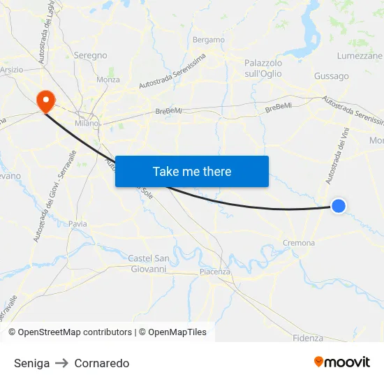 Seniga to Cornaredo map