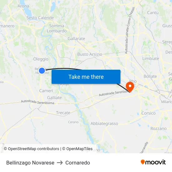Bellinzago Novarese to Cornaredo map