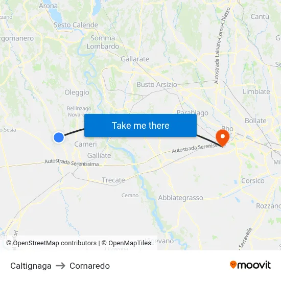 Caltignaga to Cornaredo map