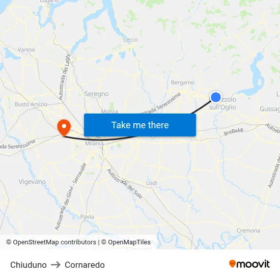 Chiuduno to Cornaredo map