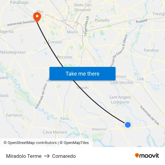 Miradolo Terme to Cornaredo map