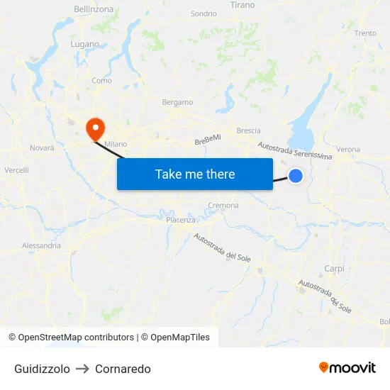 Guidizzolo to Cornaredo map