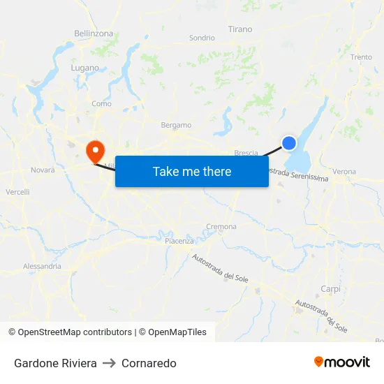 Gardone Riviera to Cornaredo map