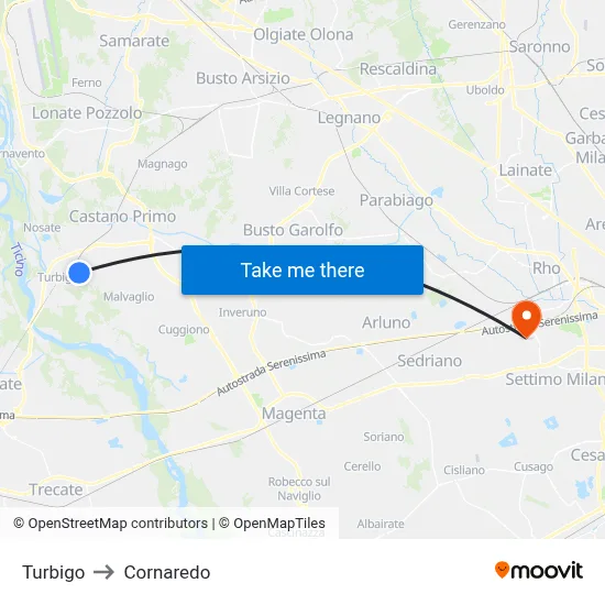 Turbigo to Cornaredo map