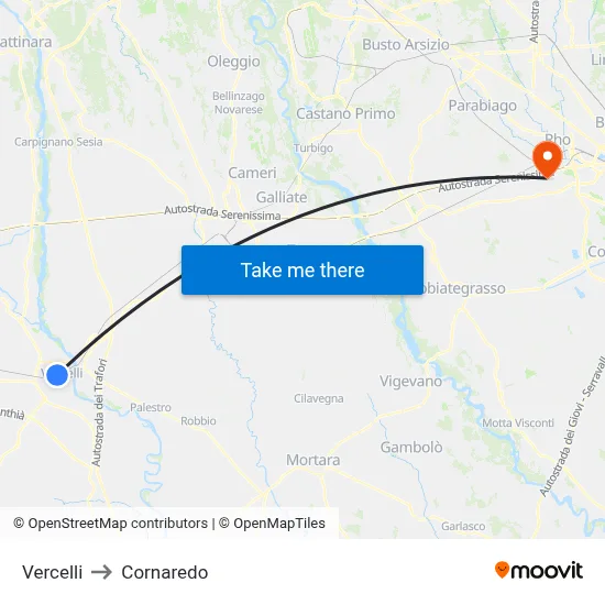 Vercelli to Cornaredo map