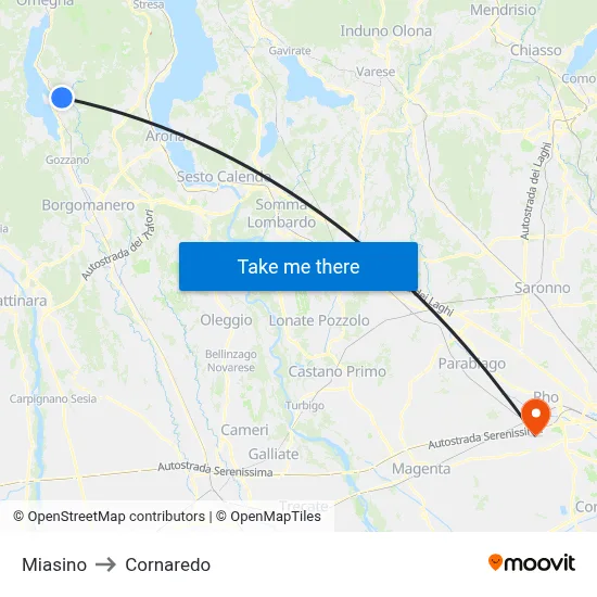 Miasino to Cornaredo map