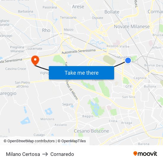 Milano Certosa to Cornaredo map