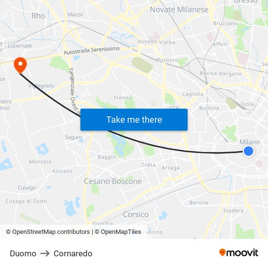 Duomo to Cornaredo map