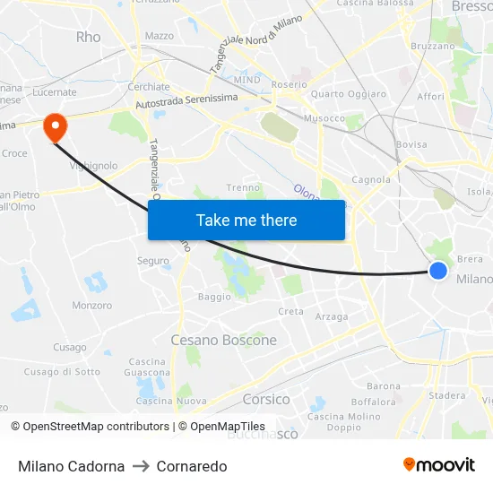 Milan Cadorna to Cornaredo map