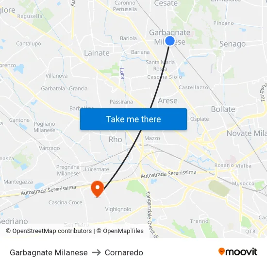 Garbagnate Milanese to Cornaredo map