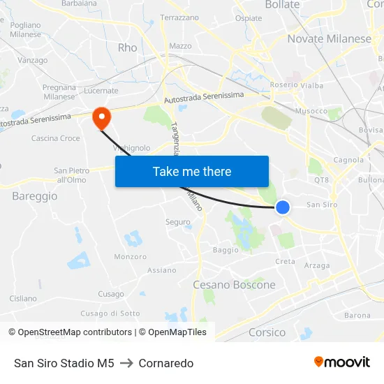 San Siro Stadio M5 to Cornaredo map