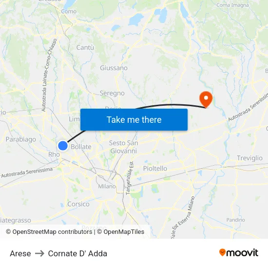 Arese to Cornate D' Adda map