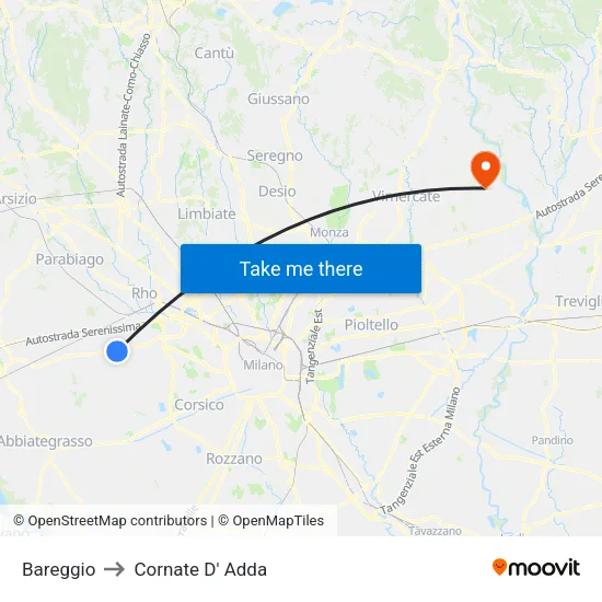 Bareggio to Cornate D' Adda map