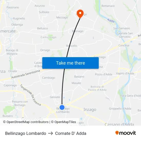 Bellinzago Lombardo to Cornate D' Adda map