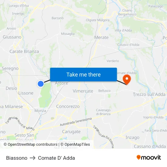 Biassono to Cornate D' Adda map