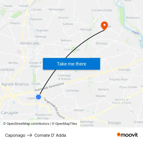 Caponago to Cornate D' Adda map