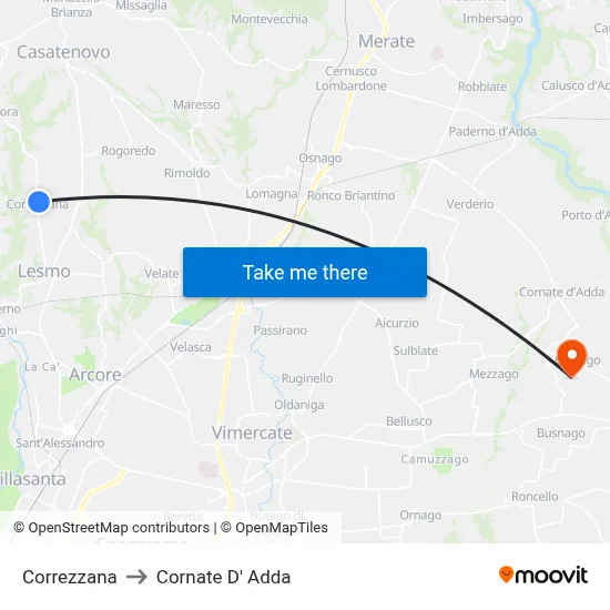 Correzzana to Cornate d'Adda map