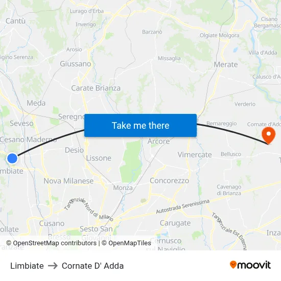 Limbiate to Cornate d'Adda map