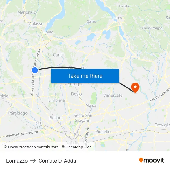 Lomazzo to Cornate D' Adda map