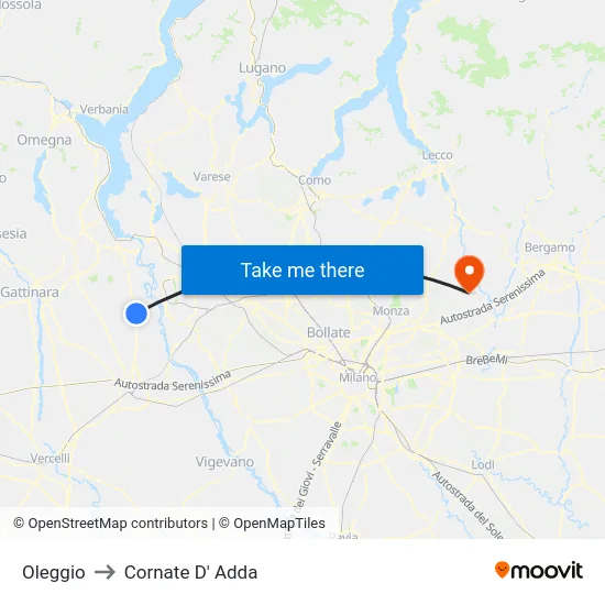 Oleggio to Cornate D' Adda map