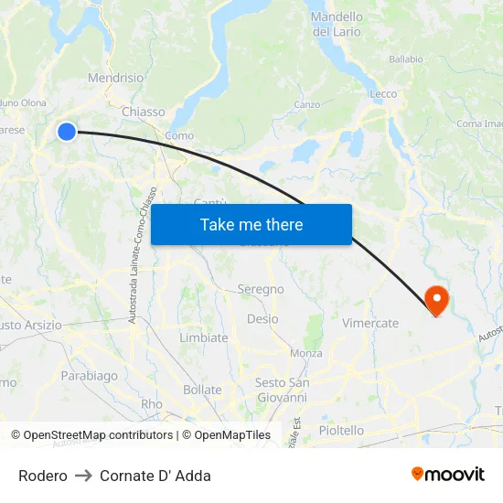 Rodero to Cornate D' Adda map