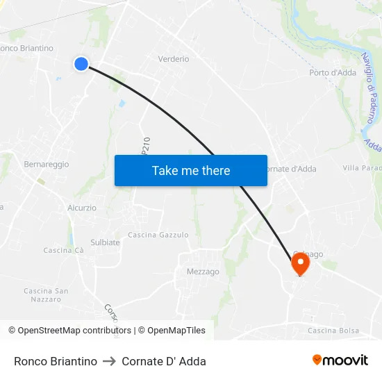 Ronco Briantino to Cornate D' Adda map