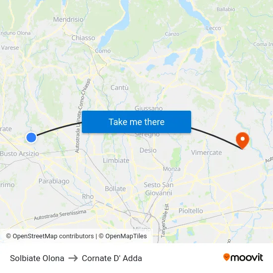 Solbiate Olona to Cornate D' Adda map