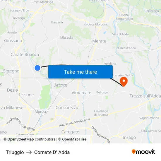 Triuggio to Cornate D' Adda map