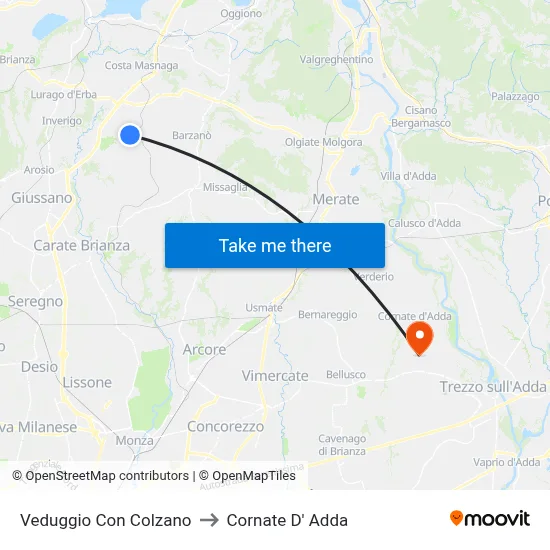 Veduggio Con Colzano to Cornate D' Adda map