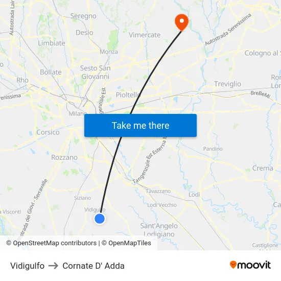 Vidigulfo to Cornate D' Adda map