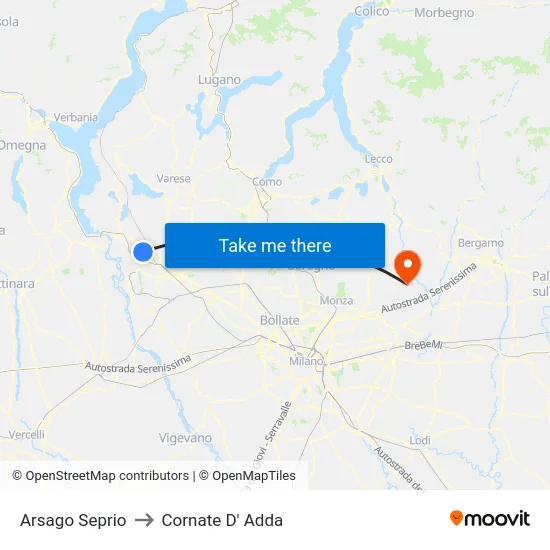 Arsago Seprio to Cornate D' Adda map