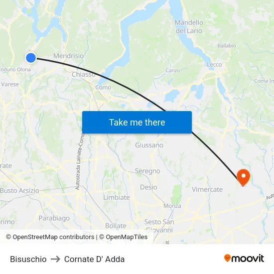 Bisuschio to Cornate D' Adda map