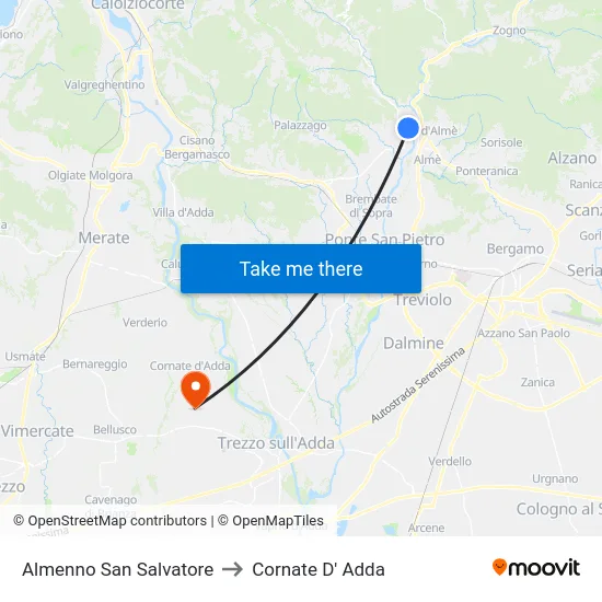 Almenno San Salvatore to Cornate D' Adda map