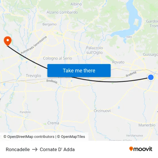 Roncadelle to Cornate D' Adda map