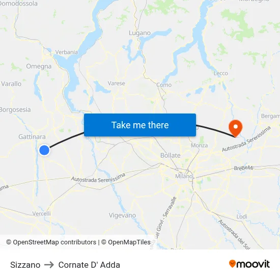 Sizzano to Cornate D' Adda map